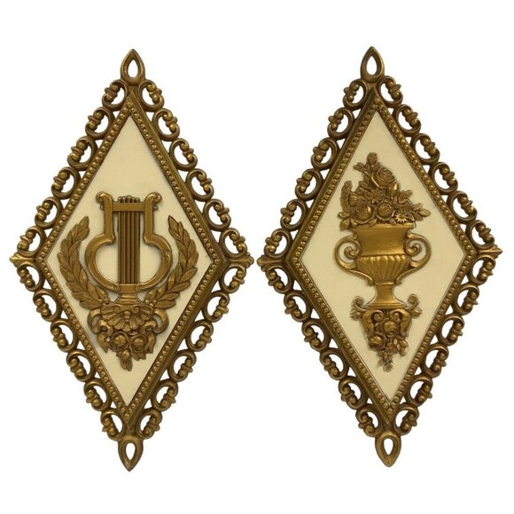 Vintage 1971 Homco Gold Gilt Diamond-Shaped Wall Plaques Set Of 2 - Picture 1 of 6